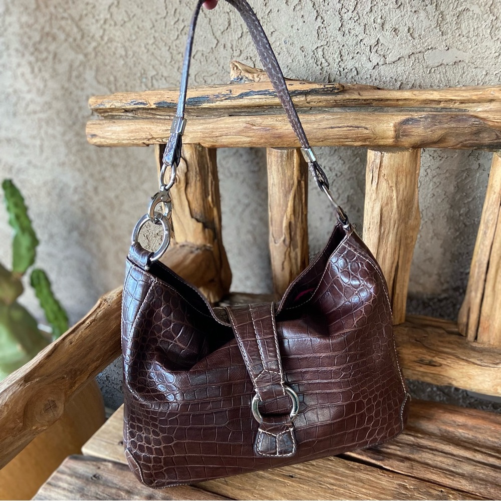 Leather Croc Embossed Textured Shoulder Bag Donald J Pliner - Picture 4 of 13